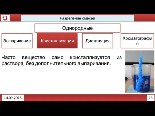 13 Разделение смесей Однородные Кристаллизация Дистиляция Хроматография Выпаривание Часто вещество само