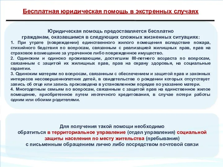 Бесплатная юридическая помощь в экстренных случаях Юридическая помощь предоставляется бесплатно гражданам,