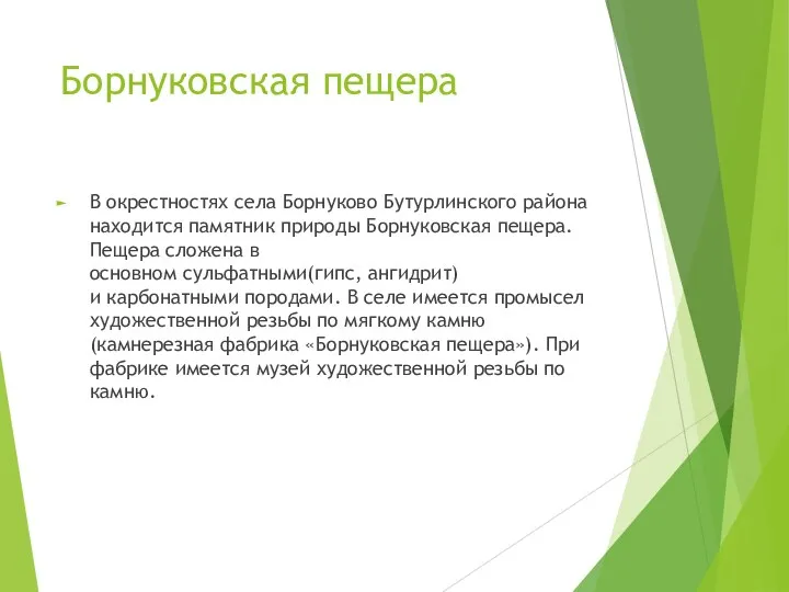 Борнуковская пещера В окрестностях села Борнуково Бутурлинского района находится памятник природы