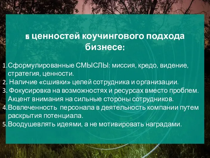 5 ценностей коучингового подхода бизнесе: Сформулированные СМЫСЛЫ: миссия, кредо, видение, стратегия,