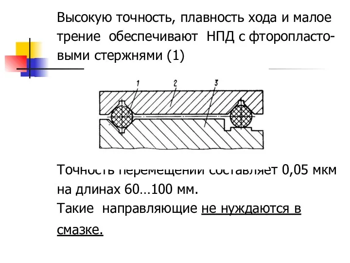 Высокую точность, плавность хода и малое трение обеспечивают НПД с фторопласто-