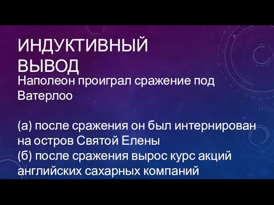 ИНДУКТИВНЫЙ ВЫВОД Наполеон проиграл сражение под Ватерлоо (а) после сражения он