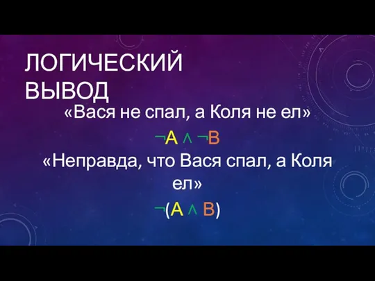 ЛОГИЧЕСКИЙ ВЫВОД «Вася не спал, а Коля не ел» ¬А ˄