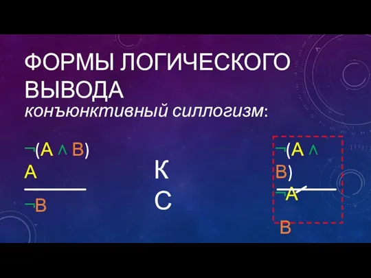 ФОРМЫ ЛОГИЧЕСКОГО ВЫВОДА конъюнктивный силлогизм: ¬(А ˄ В) А ¬В ¬(А ˄ В) ¬А В КС