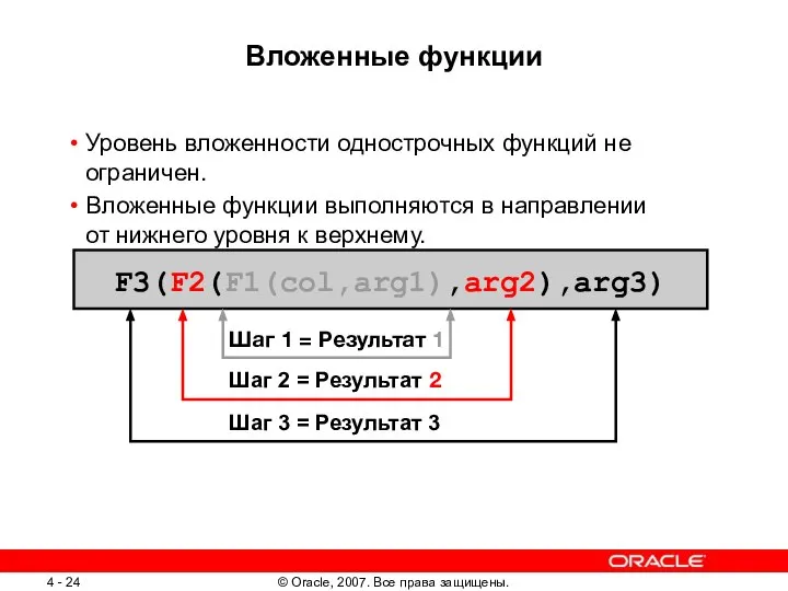 Вложенные функции Уровень вложенности однострочных функций не ограничен. Вложенные функции выполняются