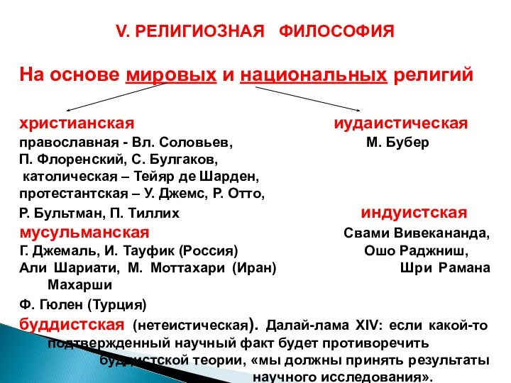 V. РЕЛИГИОЗНАЯ ФИЛОСОФИЯ На основе мировых и национальных религий христианская иудаистическая