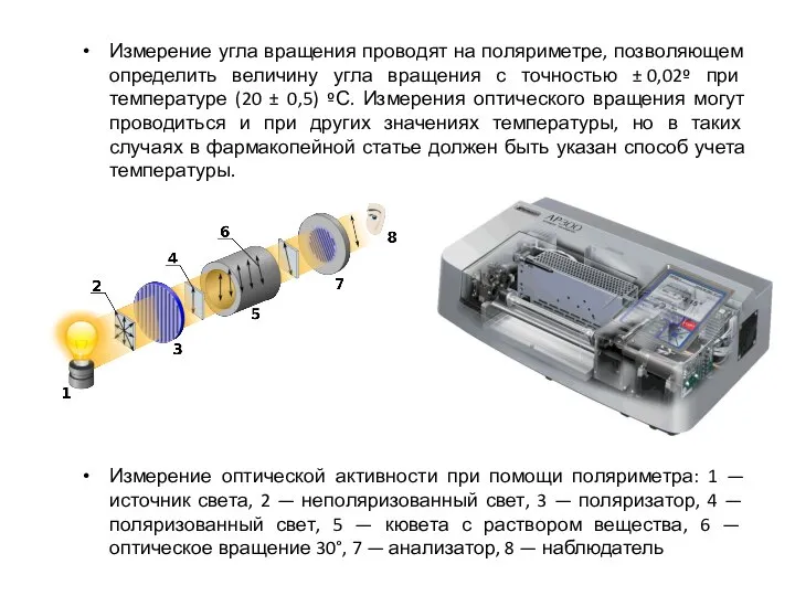 Измерение угла вращения проводят на поляриметре, позволяющем определить величину угла вращения