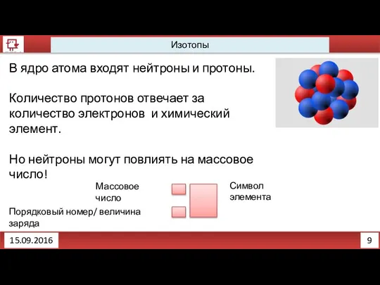 9 Изотопы 15.09.2016 В ядро атома входят нейтроны и протоны. Количество