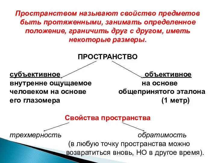 Пространством называют свойство предметов быть протяженными, занимать определенное положение, граничить друг