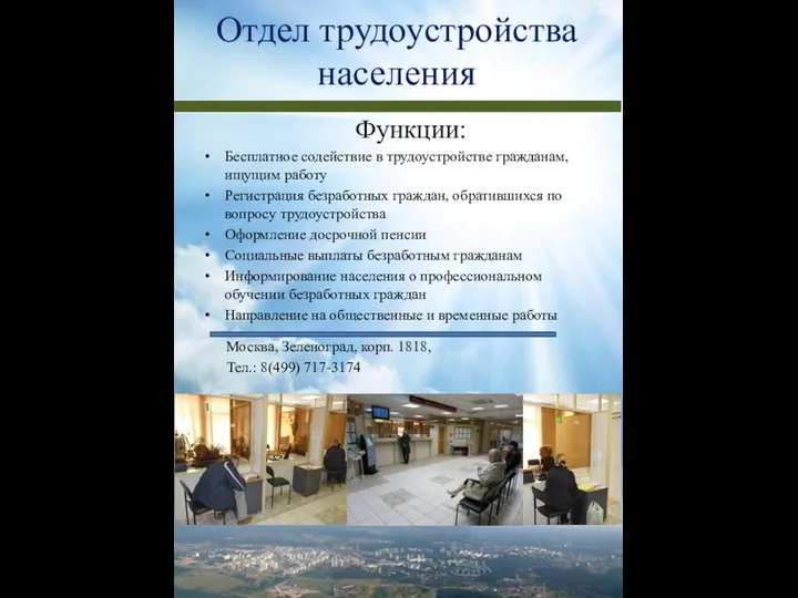 Отдел трудоустройства населения Функции: Бесплатное содействие в трудоустройстве гражданам, ищущим работу