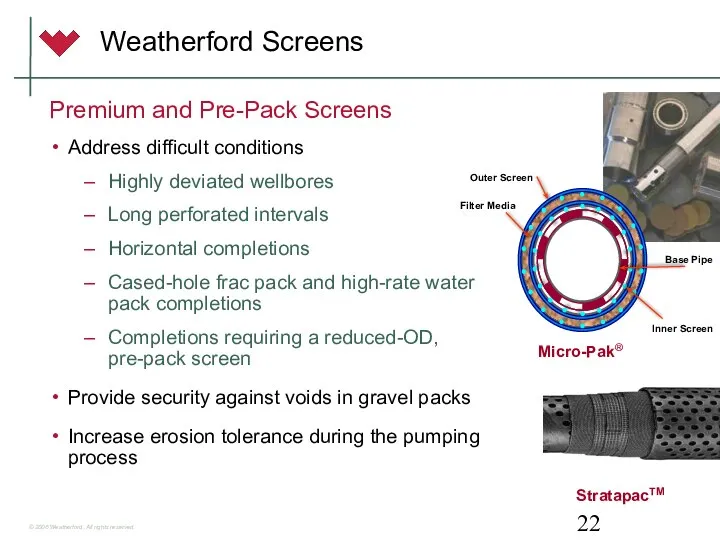 Weatherford Screens Premium and Pre-Pack Screens Address difficult conditions Highly deviated