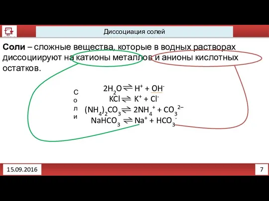 7 Диссоциация солей 15.09.2016 Соли – сложные вещества, которые в водных