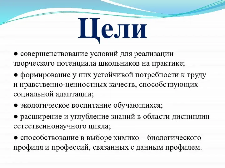 Цели ● совершенствование условий для реализации творческого потенциала школьников на практике;