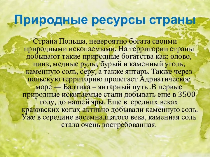 Природные ресурсы страны Страна Польша, невероятно богата своими природными ископаемыми. На