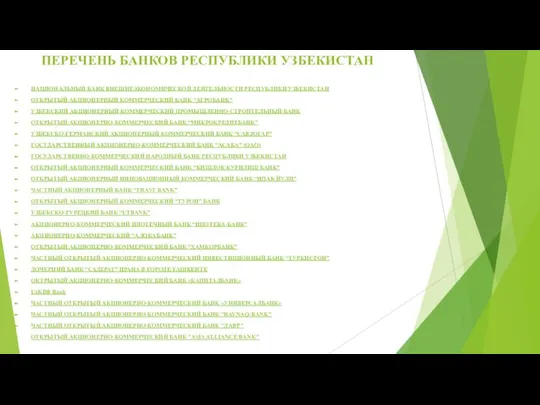 ПЕРЕЧЕНЬ БАНКОВ РЕСПУБЛИКИ УЗБЕКИСТАН НАЦИОНАЛЬНЫЙ БАНК ВНЕШНЕЭКОНОМИЧЕСКОЙ ДЕЯТЕЛЬНОСТИ РЕСПУБЛИКИ УЗБЕКИСТАН ОТКРЫТЫЙ