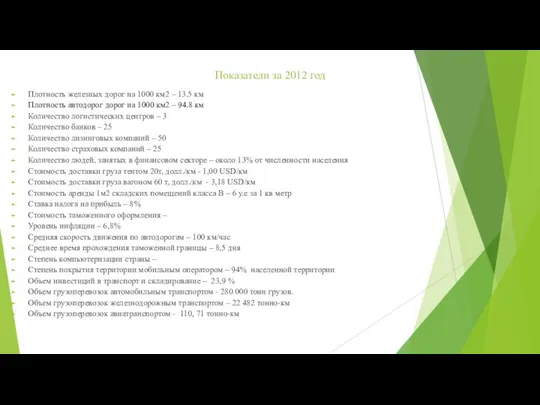 Показатели за 2012 год Плотность железных дорог на 1000 км2 –