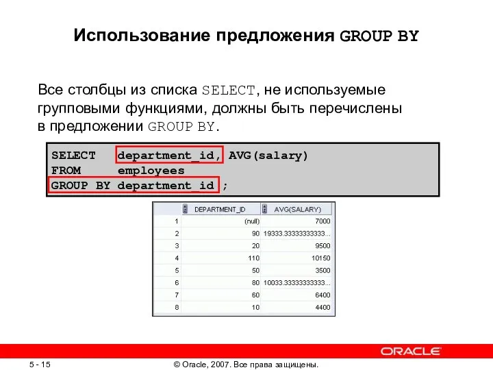 SELECT department_id, AVG(salary) FROM employees GROUP BY department_id ; Использование предложения