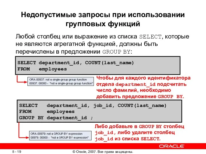 Недопустимые запросы при использовании групповых функций Любой столбец или выражение из