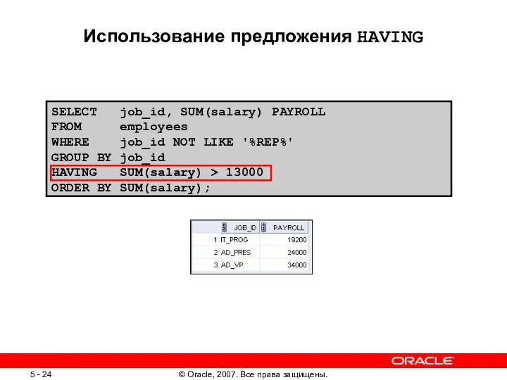 SELECT job_id, SUM(salary) PAYROLL FROM employees WHERE job_id NOT LIKE '%REP%'