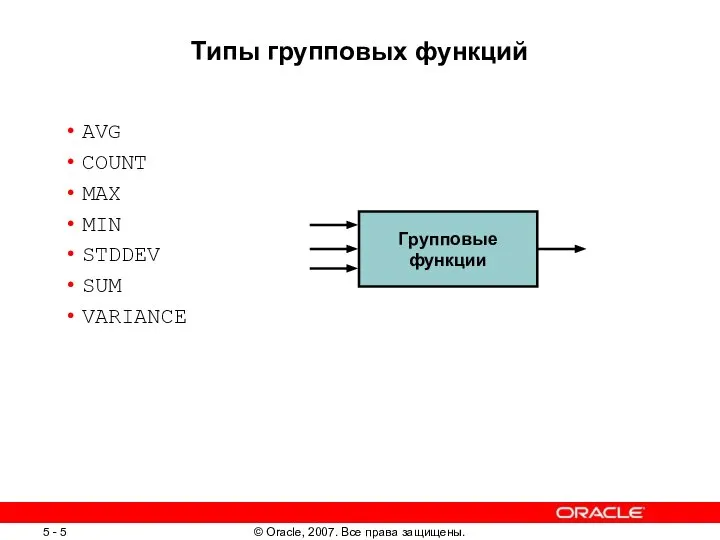 Типы групповых функций AVG COUNT MAX MIN STDDEV SUM VARIANCE Групповые функции