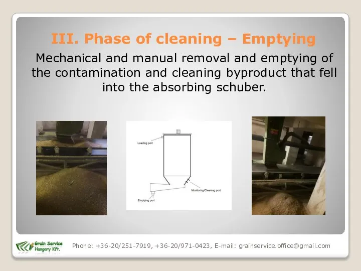 Mechanical and manual removal and emptying of the contamination and cleaning