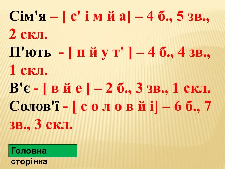 Сім'я – [ с' і м й а] – 4 б.,