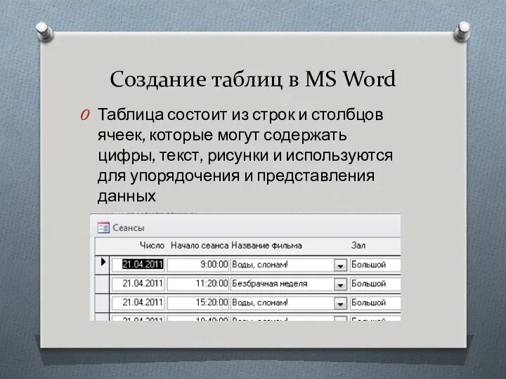 Создание таблиц в MS Word Таблица состоит из строк и столбцов