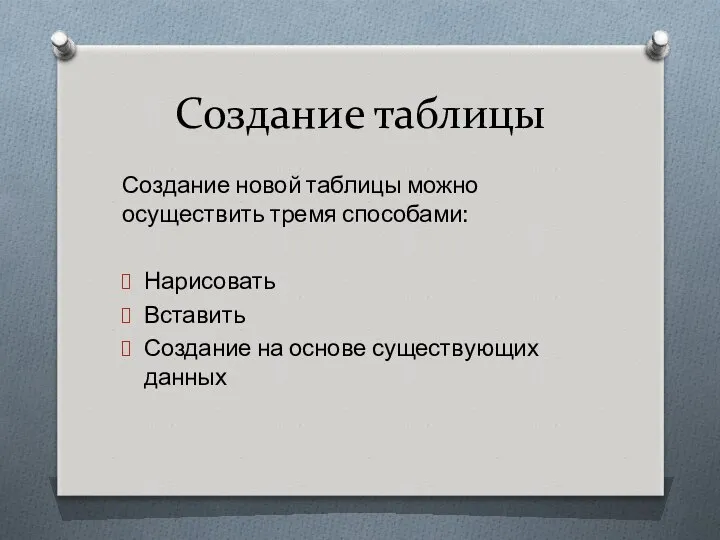 Создание таблицы Создание новой таблицы можно осуществить тремя способами: Нарисовать Вставить Создание на основе существующих данных