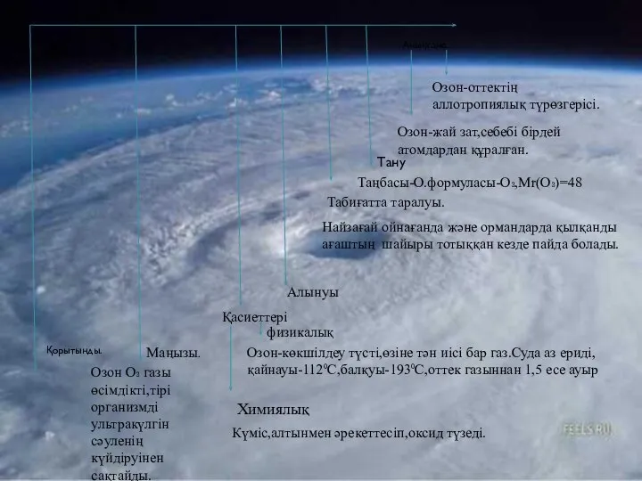 Озон-оттектің аллотропиялық түрөзгерісі. Озон-жай зат,себебі бірдей атомдардан құралған. Таңбасы-О.формуласы-О₃,Мr(О₃)=48 Найзағай ойнағанда