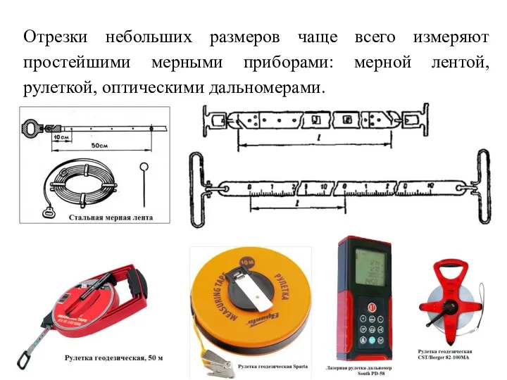 Отрезки небольших размеров чаще всего измеряют простейшими мерными приборами: мерной лентой, рулеткой, оптическими дальномерами.