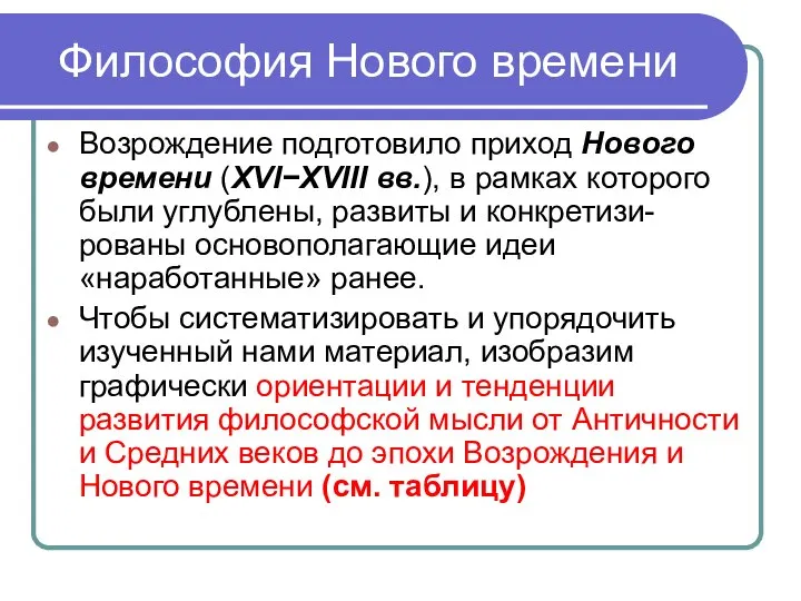 Философия Нового времени Возрождение подготовило приход Нового времени (XVI−XVIII вв.), в