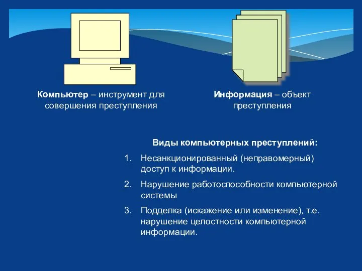 Виды компьютерных преступлений: Несанкционированный (неправомерный) доступ к информации. Нарушение работоспособности компьютерной