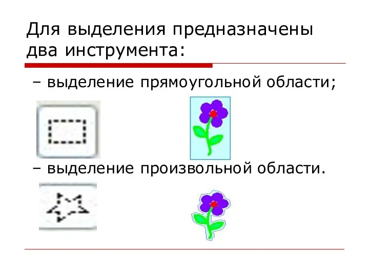 Для выделения предназначены два инструмента: – выделение прямоугольной области; – выделение произвольной области.