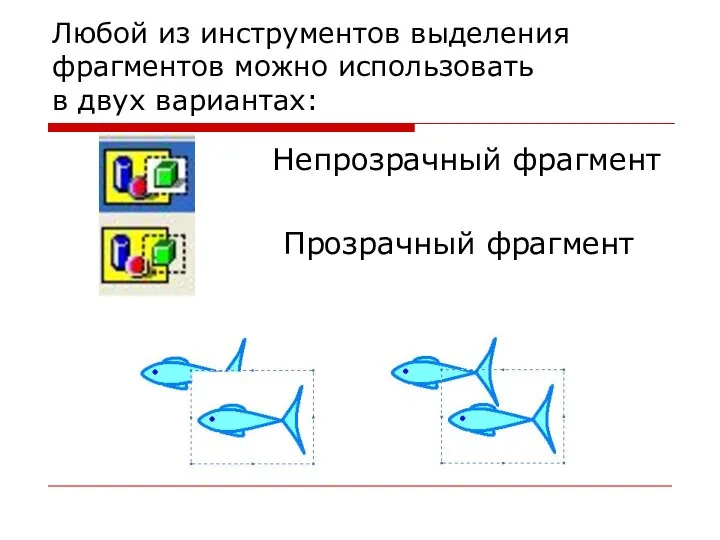 Любой из инструментов выделения фрагментов можно использовать в двух вариантах: Непрозрачный фрагмент Прозрачный фрагмент