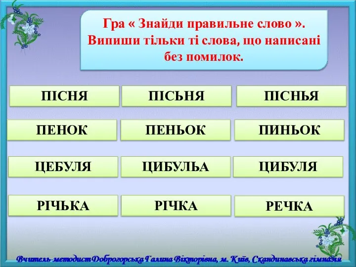 Гра « Знайди правильне слово ». Випиши тільки ті слова, що