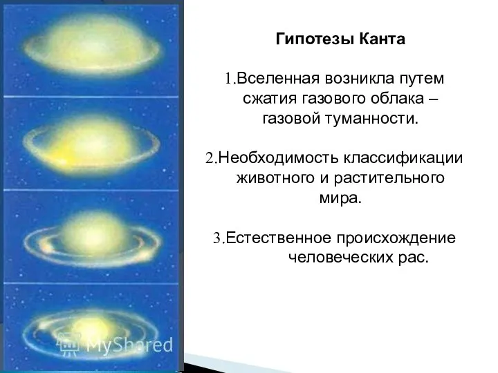 Гипотезы Канта Вселенная возникла путем сжатия газового облака – газовой туманности.