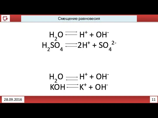 11 Смещение равновесия 28.09.2016 H2O H+ + OH- H2SO4 2H+ +