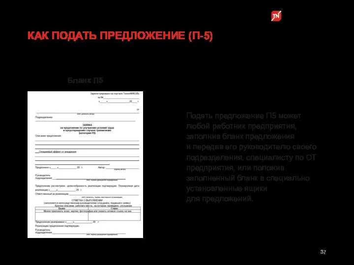 Подать предложение П5 может любой работник предприятия, заполнив бланк предложения и