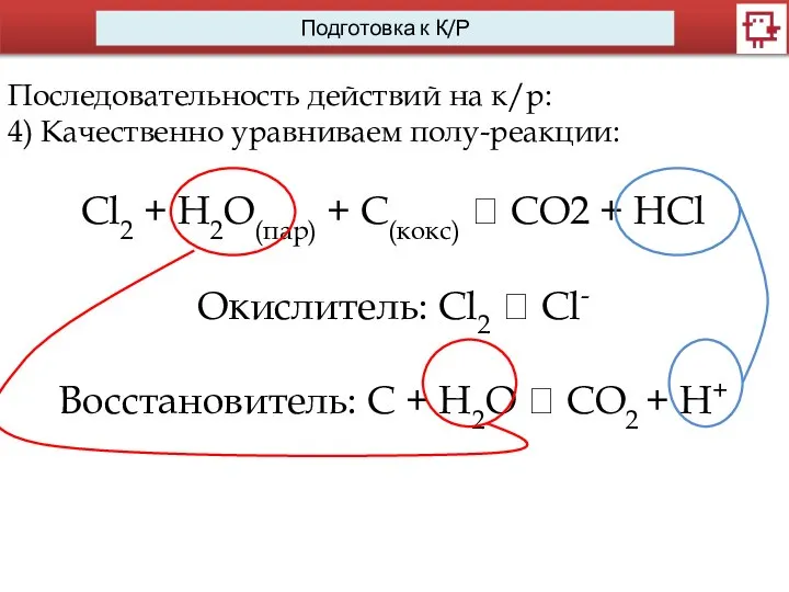 Последовательность действий на к/р: 4) Качественно уравниваем полу-реакции: Cl2 + H2O(пар)