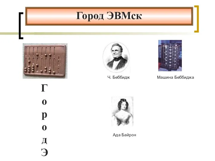 Город ЭВМск Город ЭВМск Ч. Беббидж Машина Беббиджа Ада Байрон