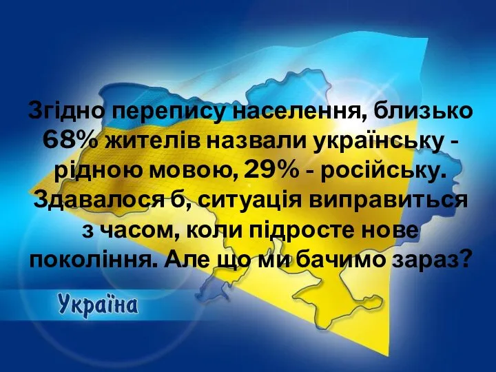Згідно перепису населення, близько 68% жителів назвали українську - рідною мовою,