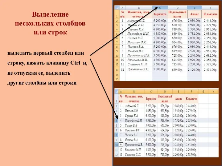 выделить первый столбец или строку, нажать клавишу Ctrl и, не отпуская