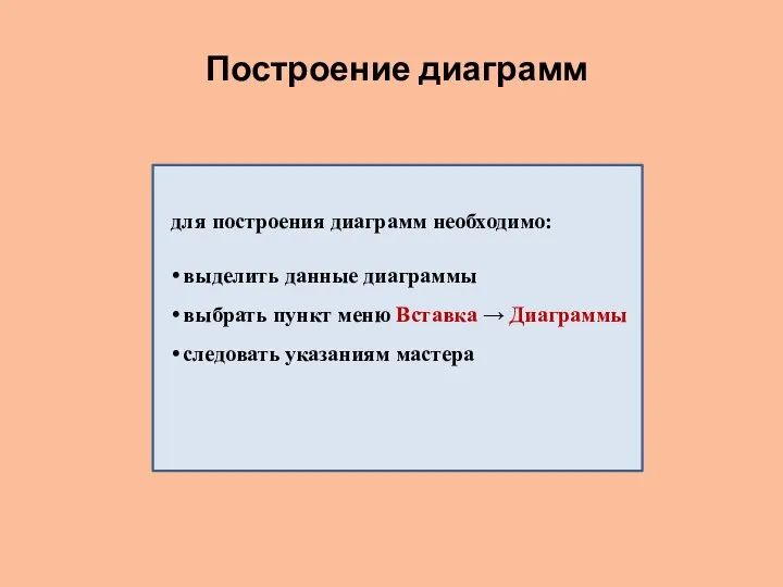 Построение диаграмм для построения диаграмм необходимо: выделить данные диаграммы выбрать пункт