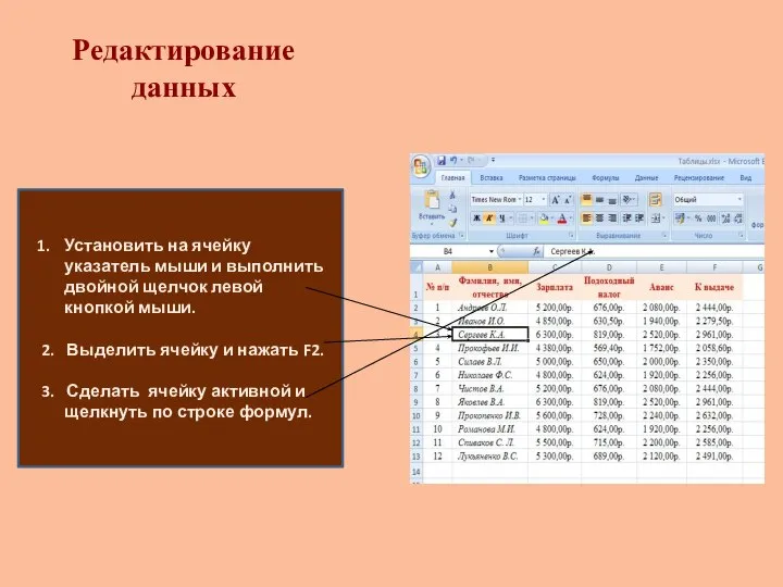 Редактирование данных Установить на ячейку указатель мыши и выполнить двойной щелчок