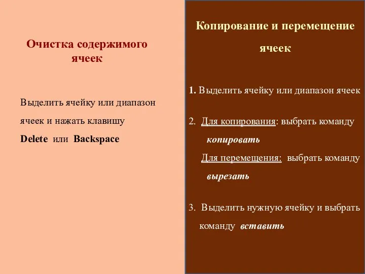 Копирование и перемещение ячеек 1. Выделить ячейку или диапазон ячеек 2.