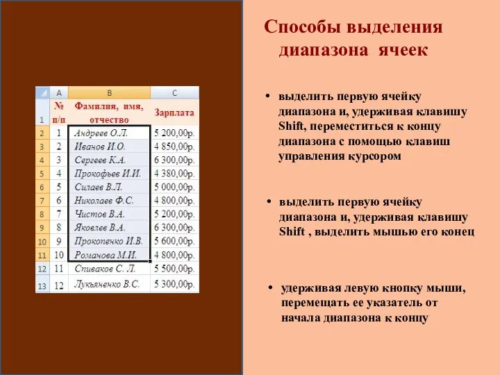 выделить первую ячейку диапазона и, удерживая клавишу Shift, переместиться к концу