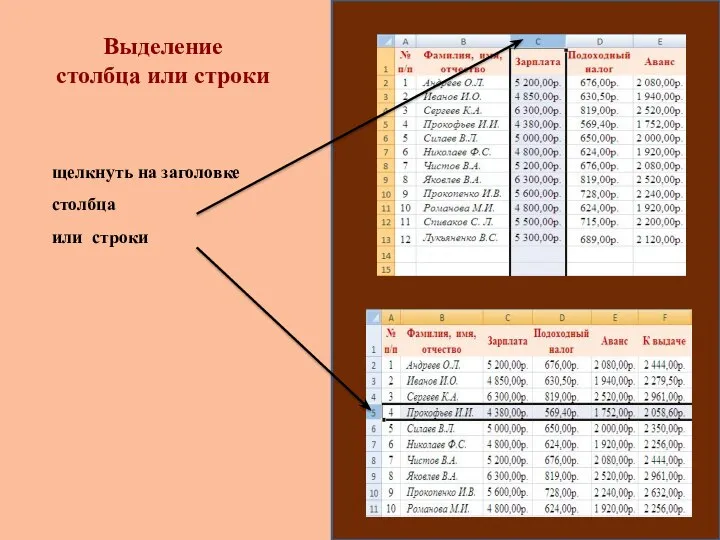 Выделение столбца или строки щелкнуть на заголовке столбца или строки