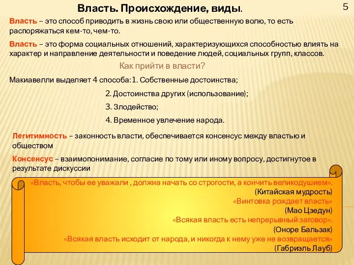 5 Власть. Происхождение, виды. Власть – это способ приводить в жизнь