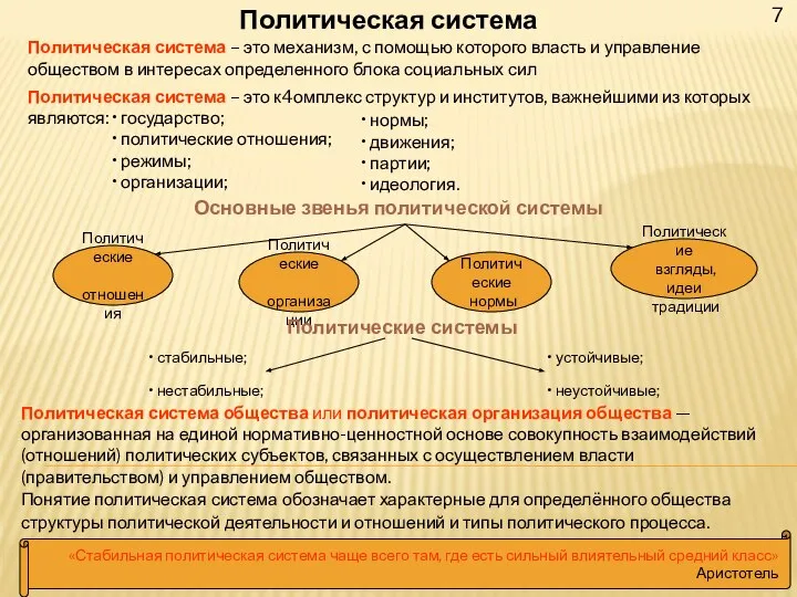 7 Политическая система Политическая система – это механизм, с помощью которого