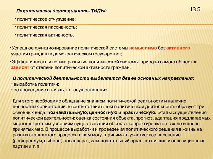 13.5 Политическая деятельность. ТИПЫ: политическое отчуждение; политическая пассивность; политическая активность. Успешное